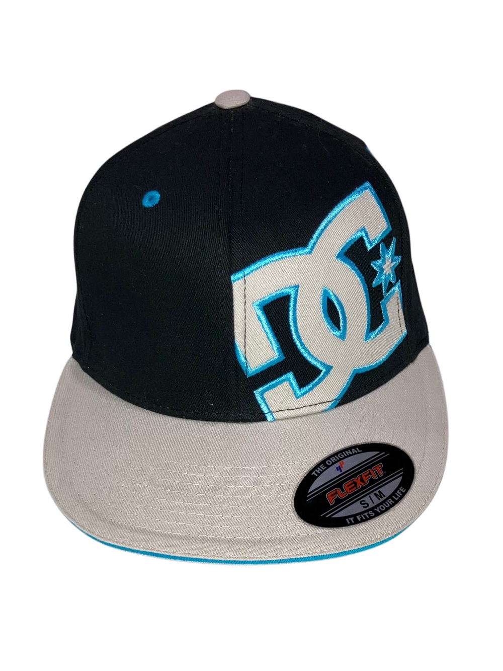 DC Shoe USA Black Teal Gray Embroidered Baseball Cap Hat Flexfit S/M NWT